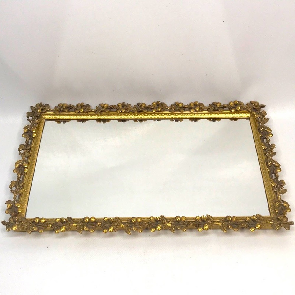 Vintage Ornate Mirror Tray Metal Floral Border